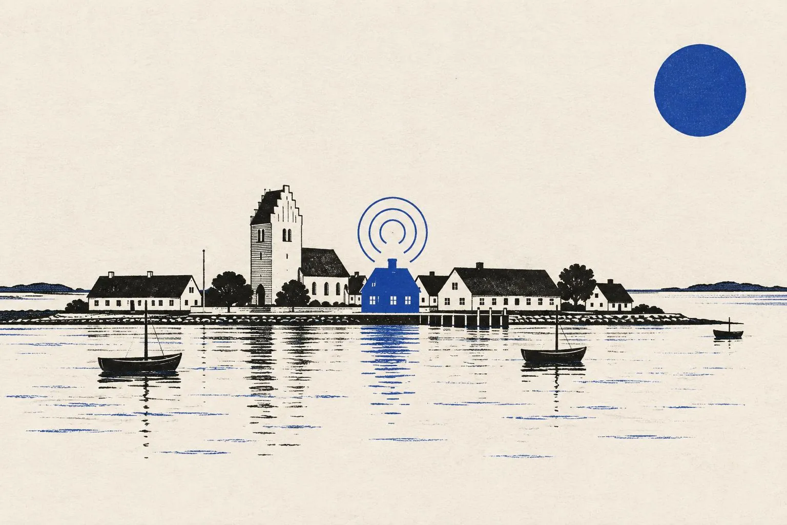 Risografi-illustration af en lille havneby ved Limfjorden, hvor ét blåt hus sender signalringe op mod himlen