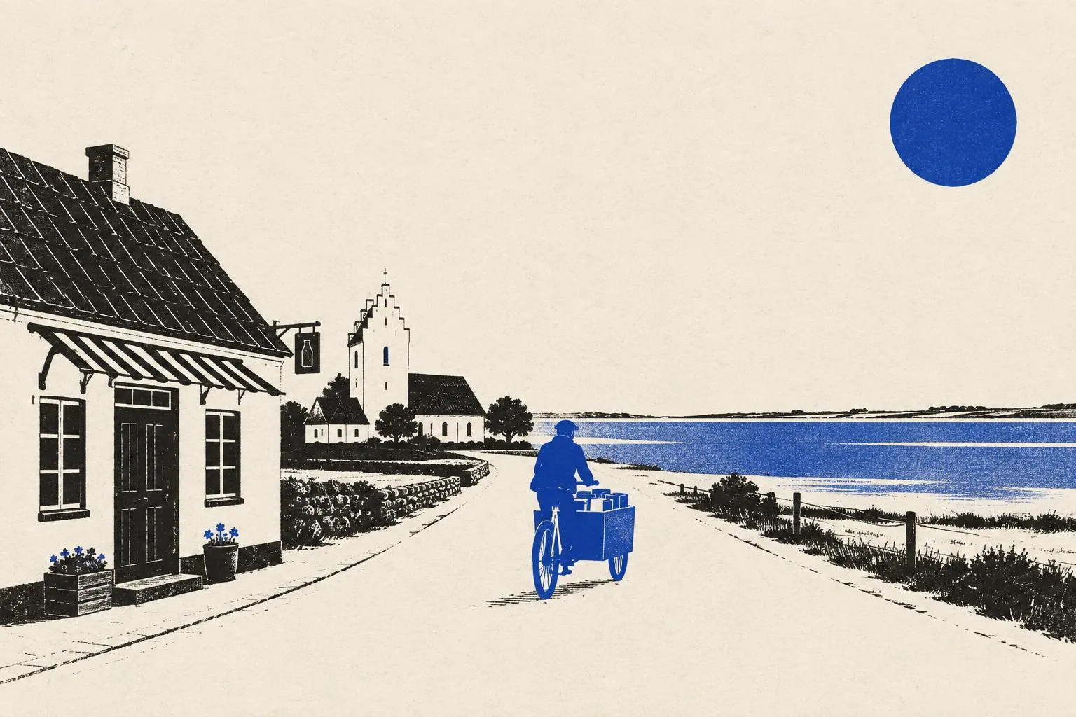 Risografi-illustration af en lukket landsbybutik, mens en blå ladcykel med pakker kører afsted mod fjorden