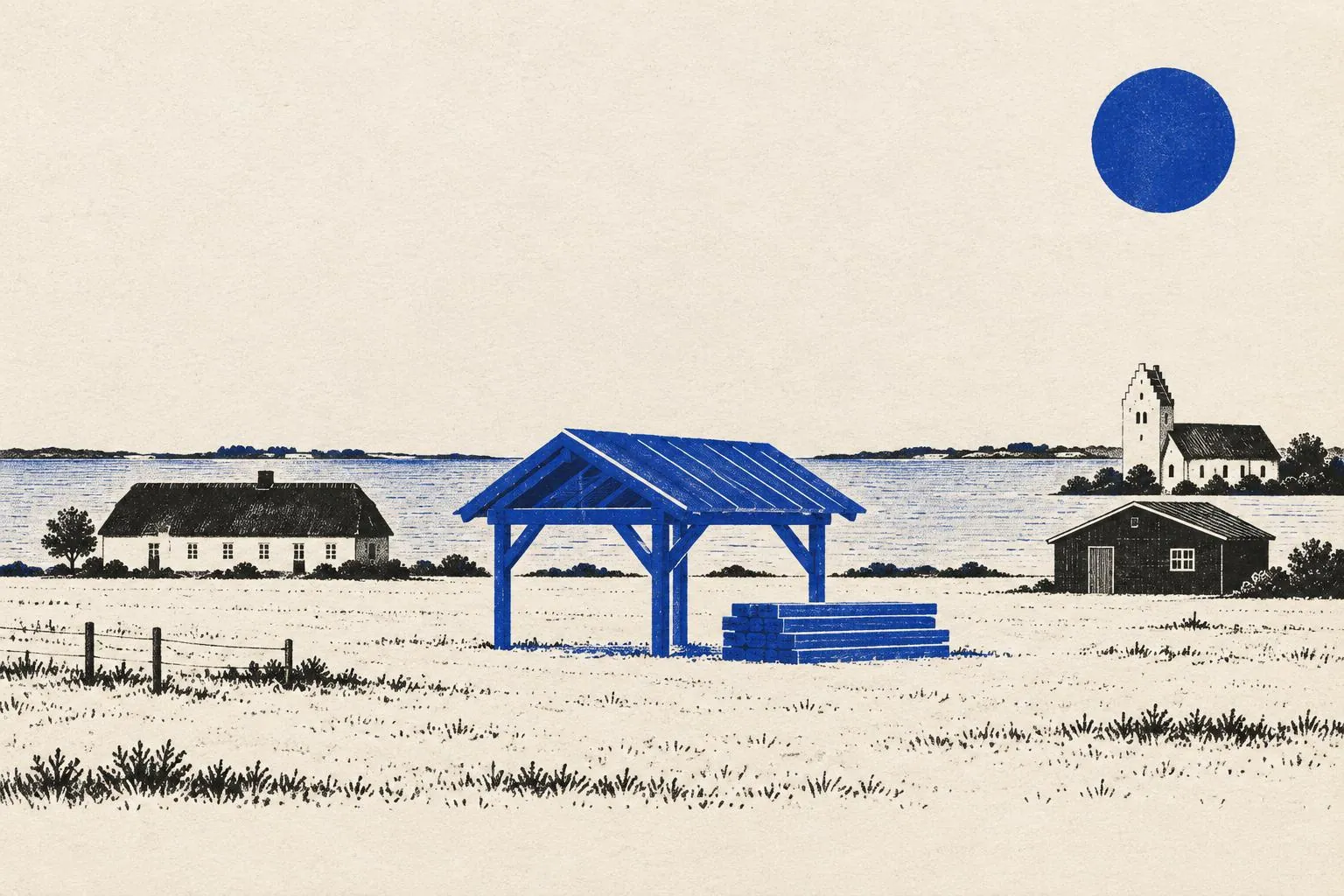 Risografi-illustration af et nybygget blåt træ-shelter med en stak brædder på en flad grund ved fjorden