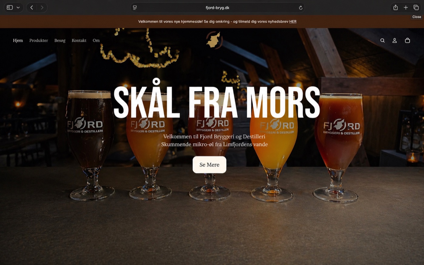 Fjord Bryg hjemmesidens forside med fem øl i forskellige farver