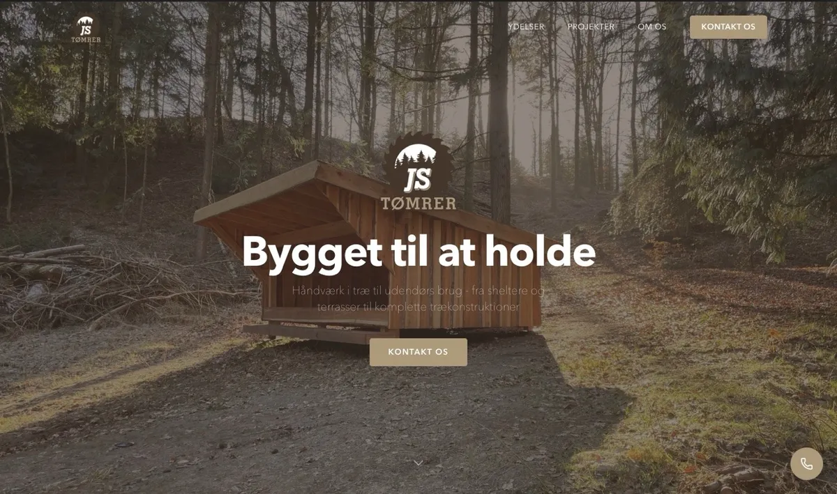 JS Tømrer hjemmesidens forside med et stort shelter i marken