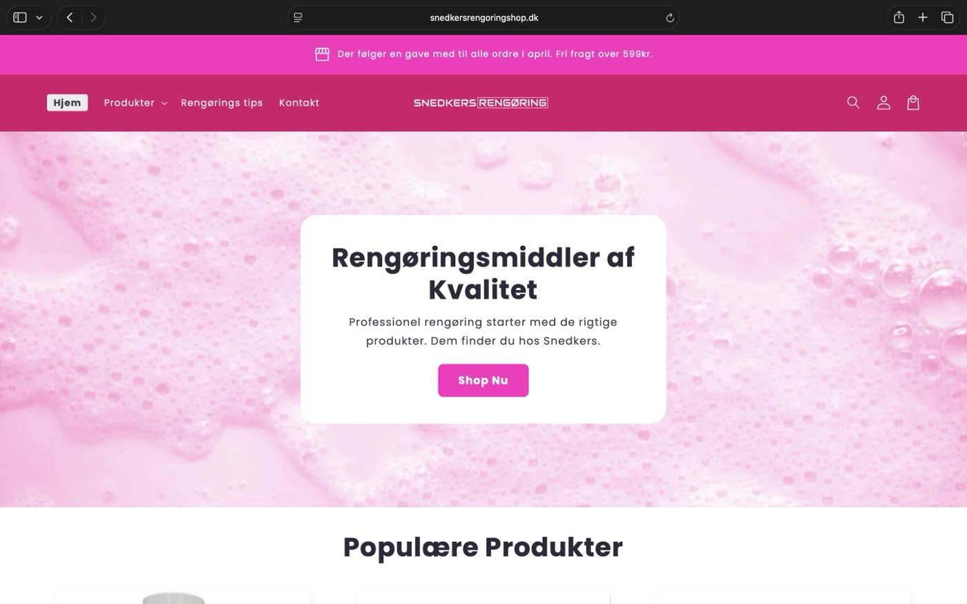 Snedkers Rengøring webshop med pink hero og sloganet Rengøringsmiddler af Kvalitet
