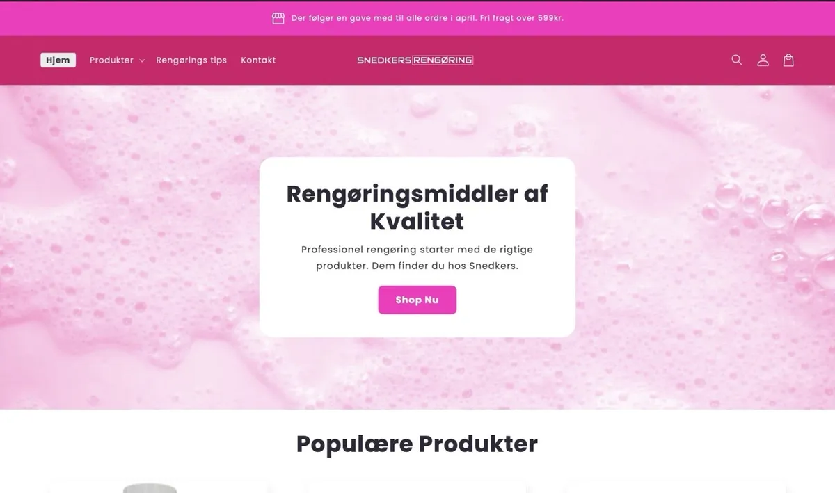 Snedkers Rengøring webshop med pink hero og sloganet Rengøringsmiddler af Kvalitet